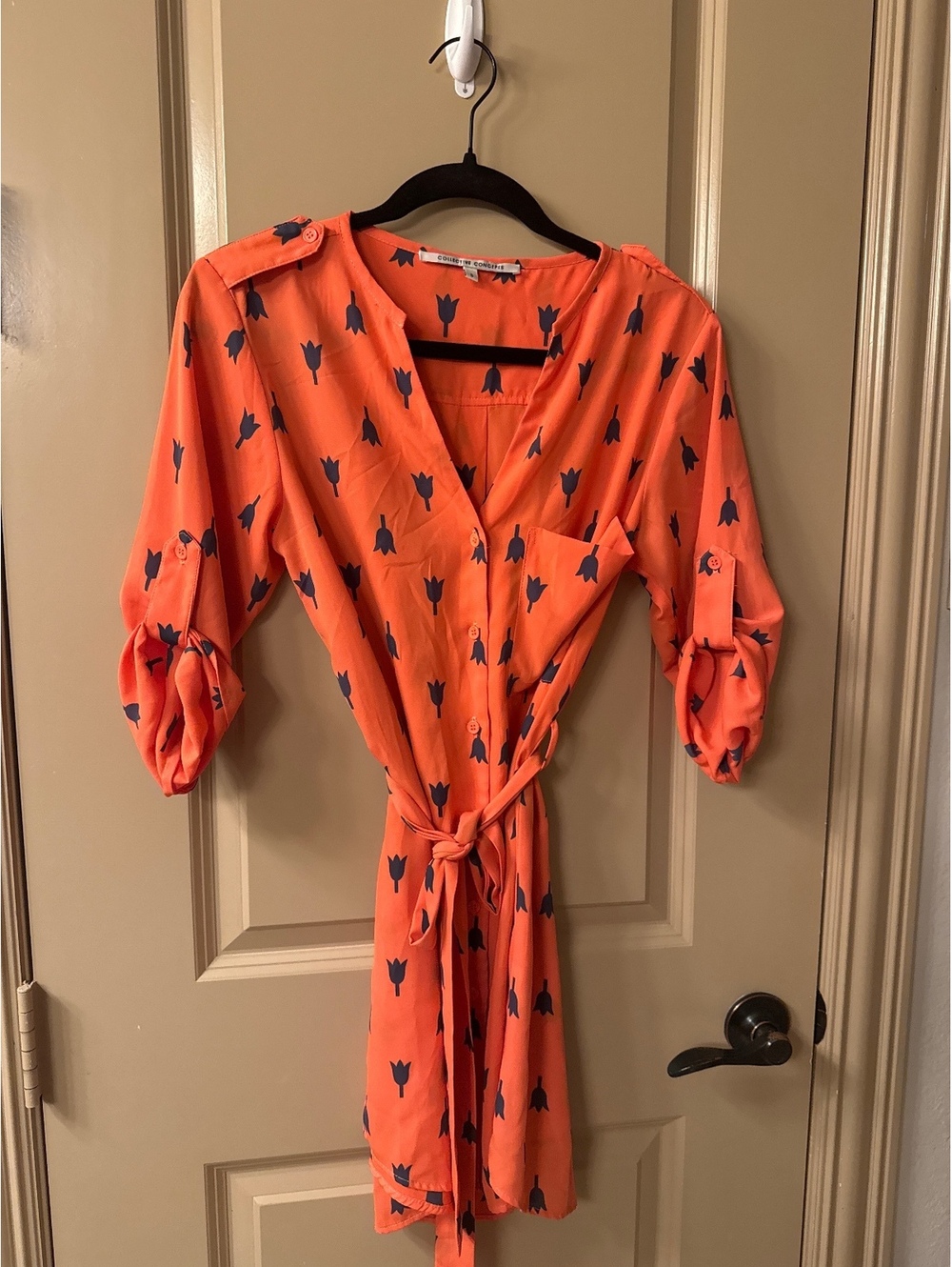 Collective Concepts Orange Dress with Navy Blue Tulip Print and Waist Tie